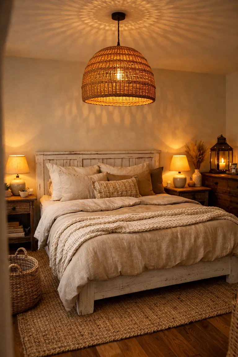 A boho farmhouse bedroom with a whitewashed wood bed, neutral bedding, and a large woven rattan pendant light glowing warmly above the bed.