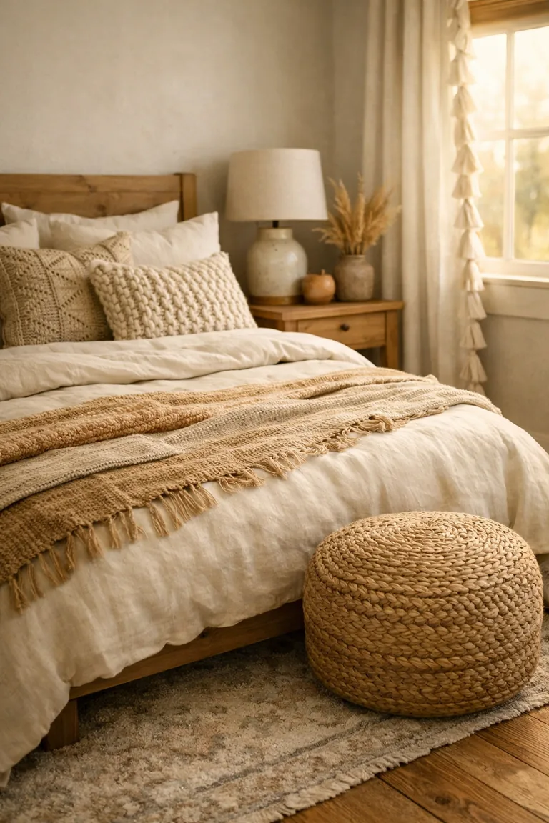 A cream bed with layered embroidered and knit pillows, a tan woven throw, tasseled off-white curtains by a sunlit window, and a round jute pouf on a textured rug.