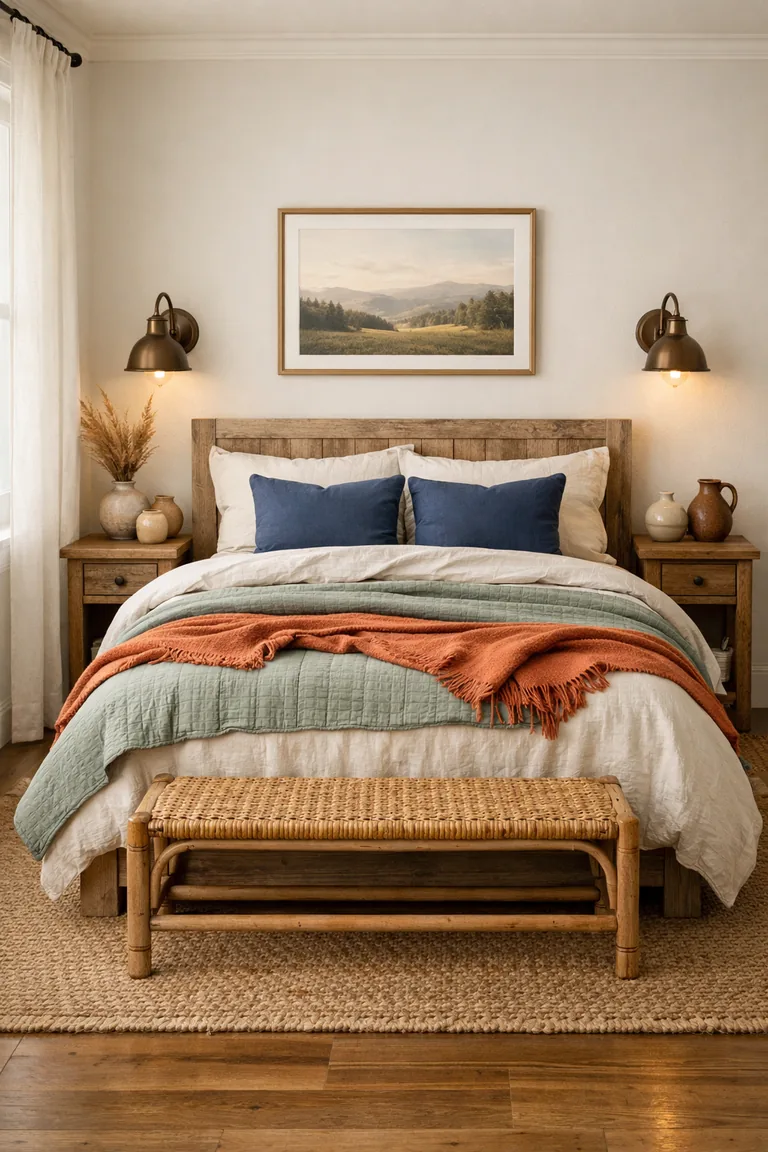 A cozy boho farmhouse bedroom with a wood bed, neutral bedding layered with a sage quilt and terracotta throw, navy pillows, reclaimed wood nightstands, vintage brass sconces, and a jute rug on wood floors.