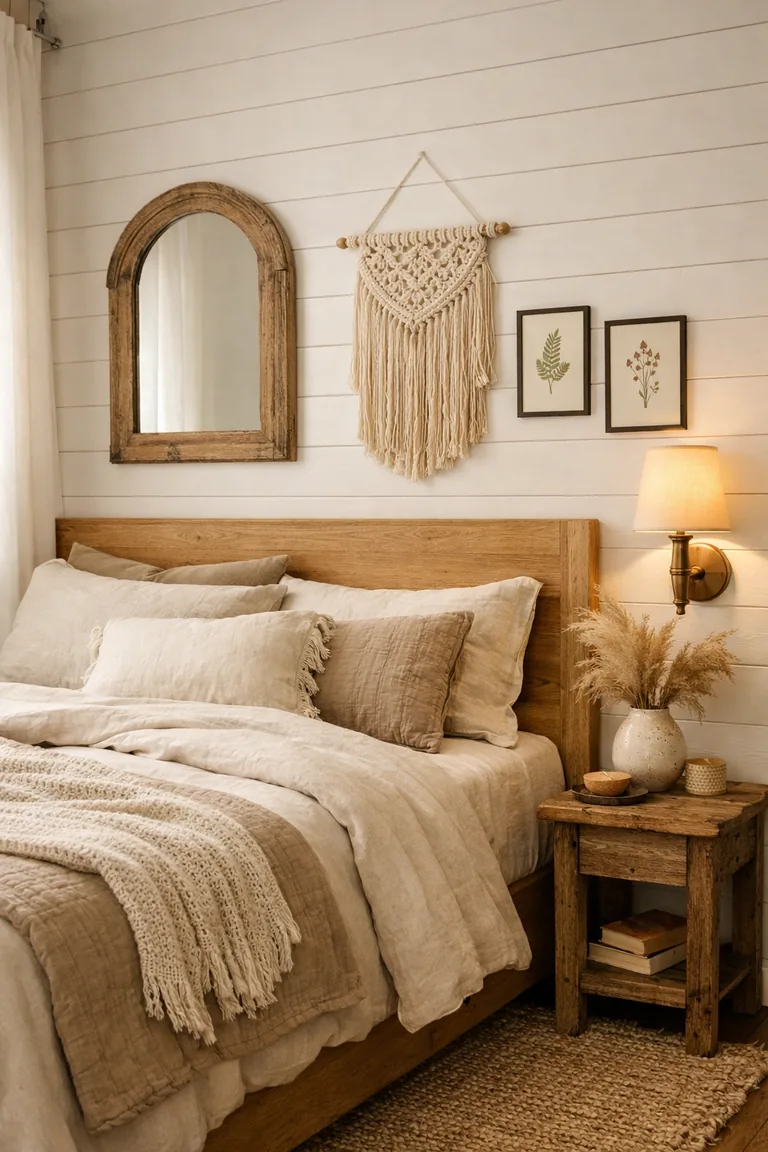 A cozy boho farmhouse bed beneath a rustic arched mirror, a macrame wall hanging, and framed botanical prints on a white shiplap wall, with a wood nightstand and warm wall sconce.