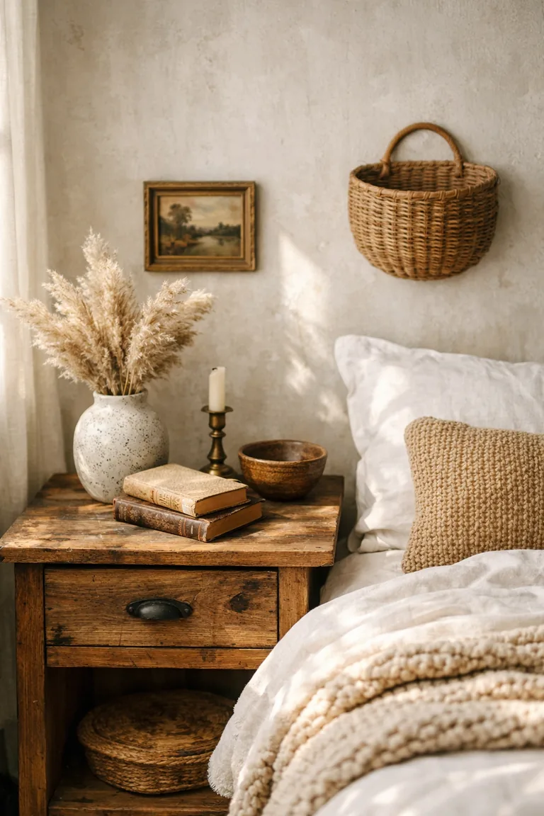A boho farmhouse bedroom corner with a white linen bed, a reclaimed wood nightstand, and vintage handmade decor including a ceramic vase with dried pampas, a brass candlestick, worn books, and a pottery bowl.