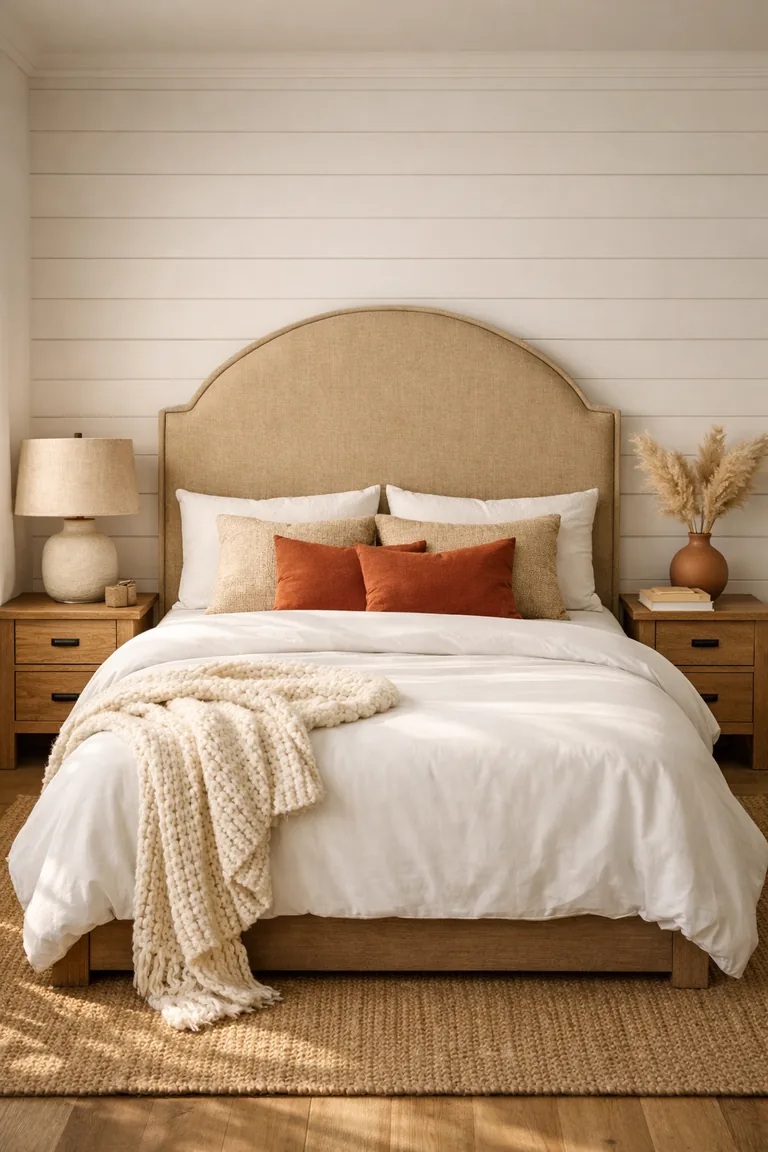 A bed with white bedding and terracotta and oatmeal pillows sits against an arched beige upholstered headboard on a white shiplap wall, with light oak nightstands, a linen-shaded lamp, a jute rug, and a chunky knit throw.
