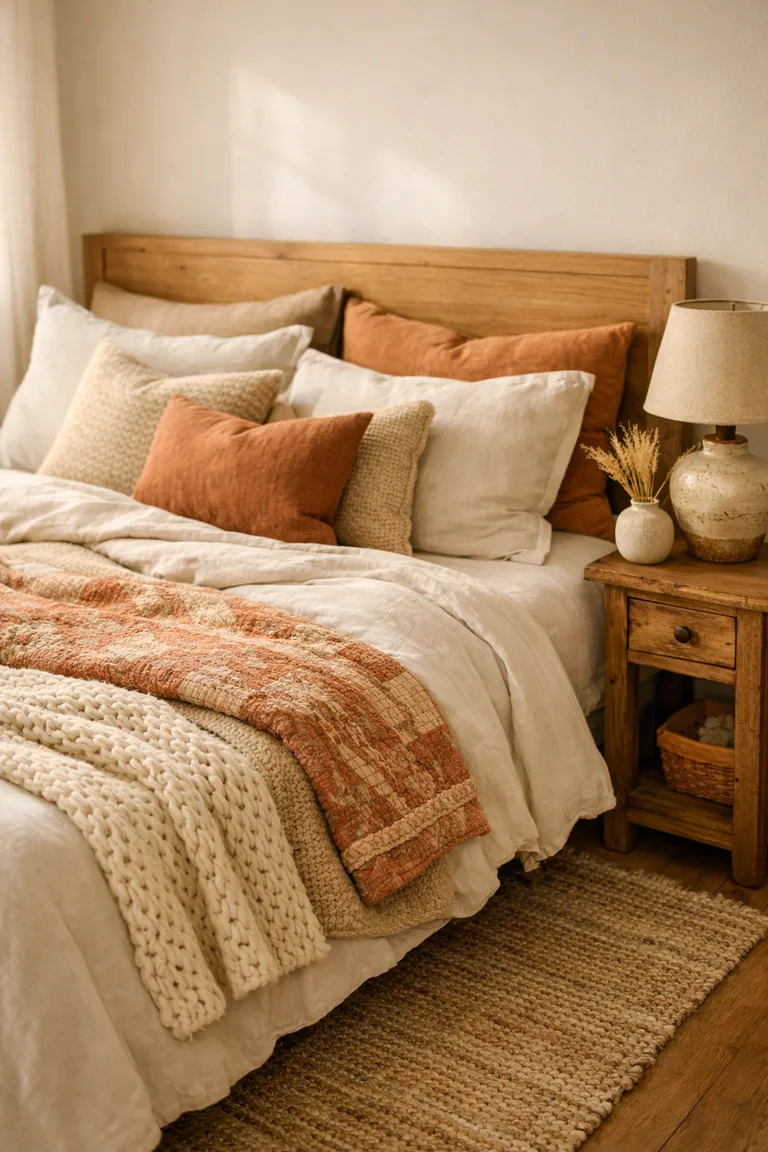A bed with an ivory linen duvet, a cream chunky knit blanket, a folded terracotta-patterned quilt, and many neutral and muted rust pillows, beside a wooden nightstand with a lamp and dried grasses.