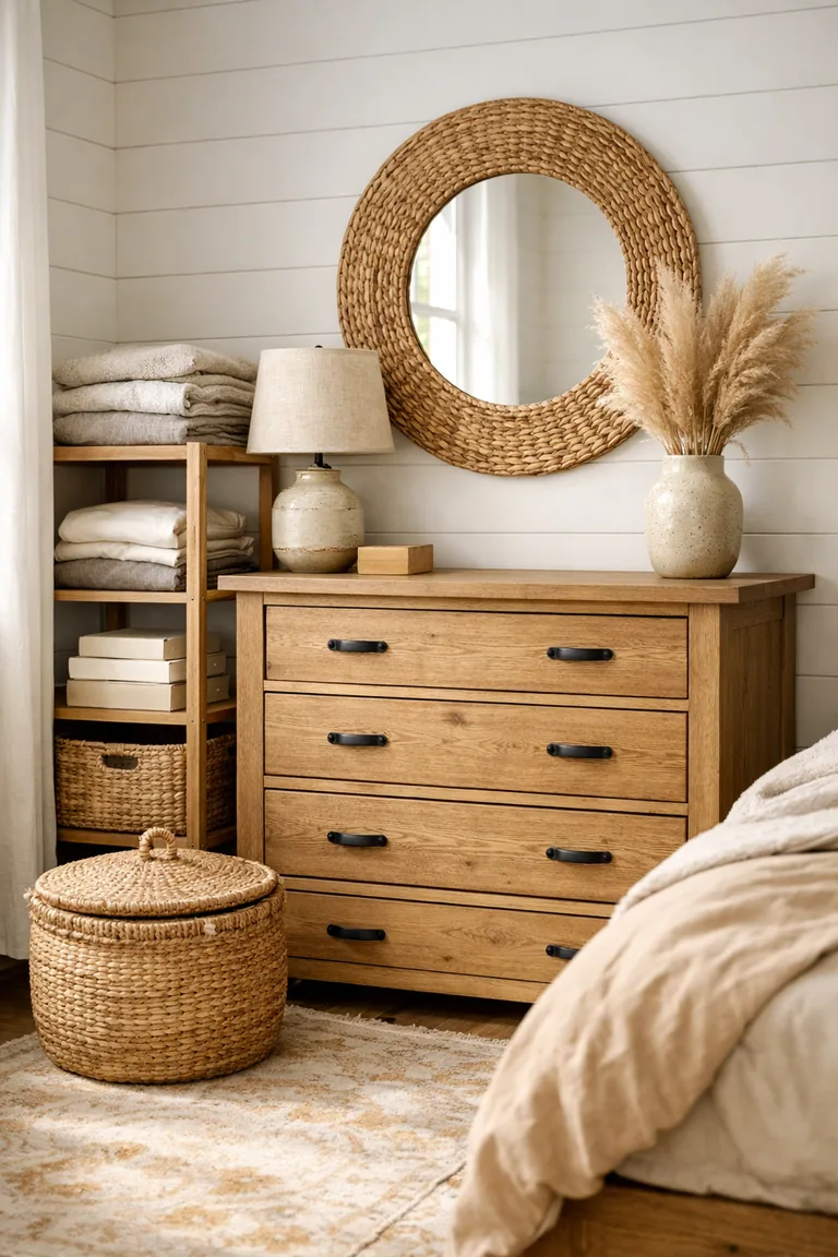 Rustic light-oak dresser with a rattan mirror, linen-shaded lamp, open wooden shelves with woven baskets and folded linens, and a large woven floor basket on a cream-and-tan rug.