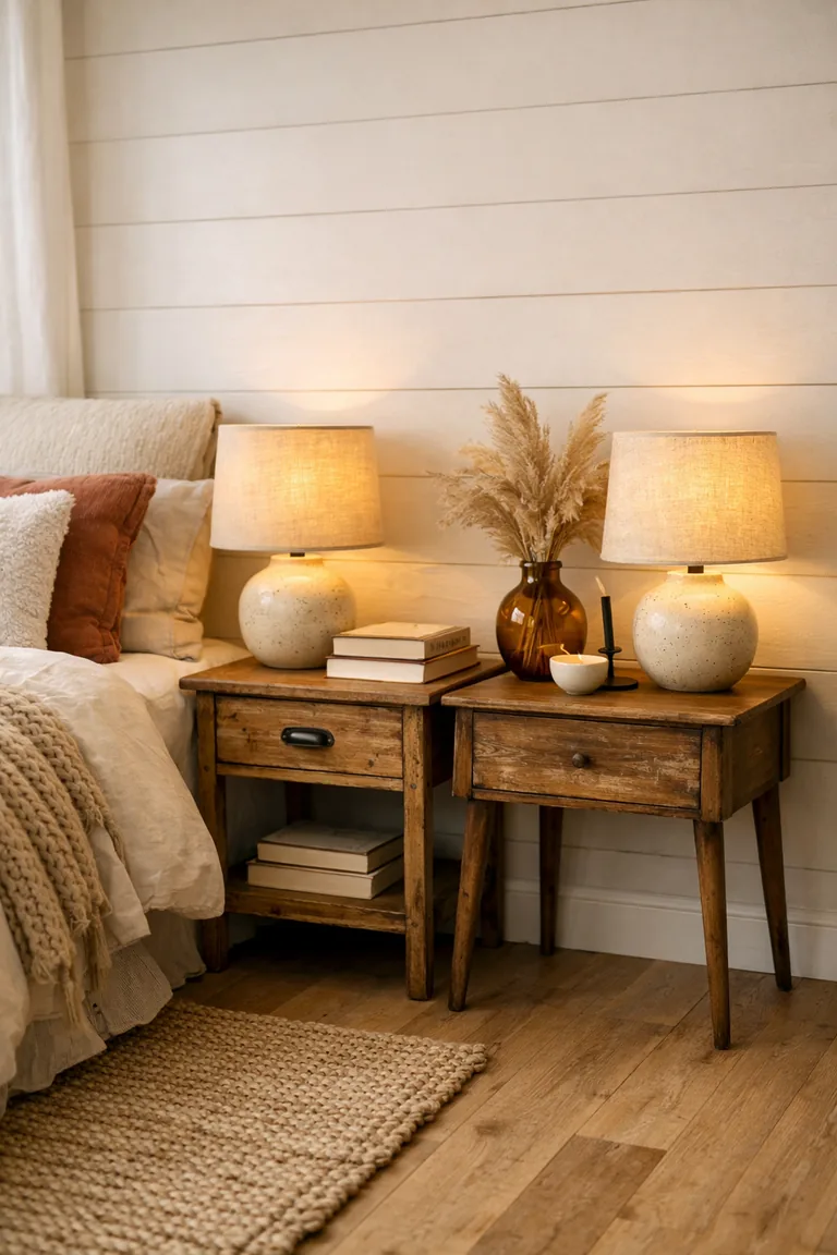 Two mismatched rustic wooden nightstands beside a bed with cream bedding, styled with a ceramic lamp, books, an amber vase with dried pampas, and small decor against a white shiplap wall.