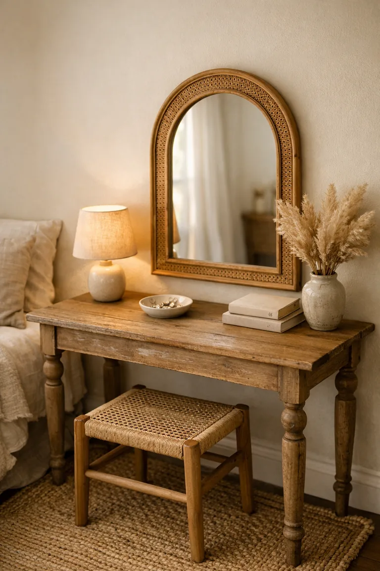 A weathered wood vanity table with an arched rattan mirror, a warm table lamp, a cane stool, and small decor on a jute rug in a cozy bedroom corner.