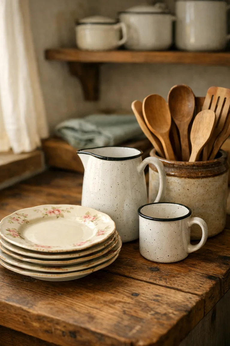 Stacked floral ceramic plates, a speckled white enamel pitcher and mug, and a crock of wooden utensils on a rustic wooden countertop with open shelves softly blurred behind.