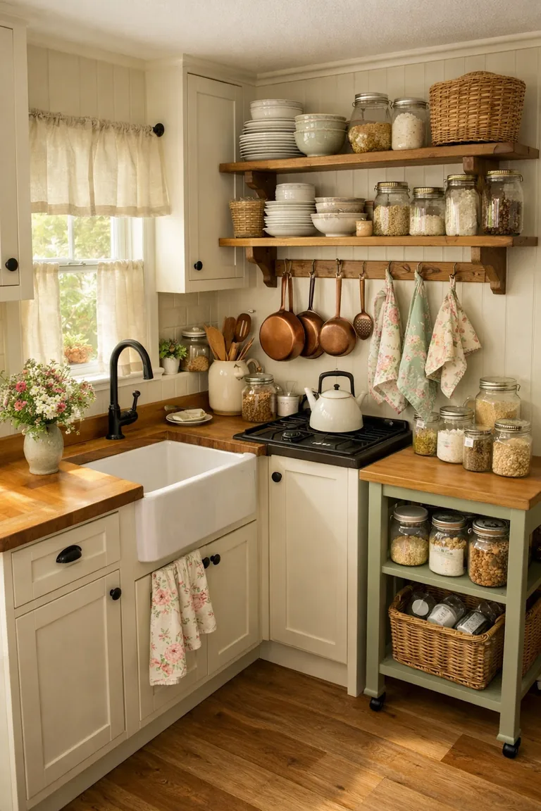 Small cottage-style apartment kitchen with white cabinets, butcher-block counters, open wood shelves with dishes and jars, floral accents, and copper pots on a peg rail in soft natural light.