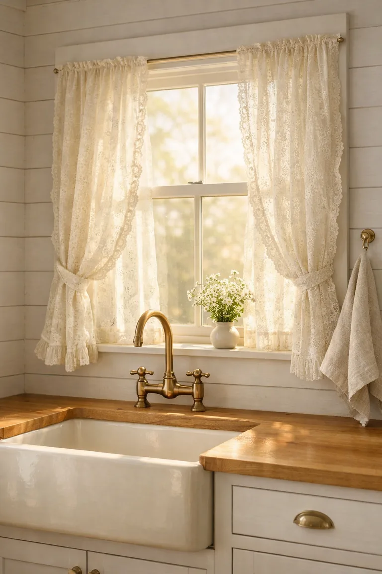 A cottage-style kitchen window above a farmhouse sink with sheer lace floral curtains and ruffle trim lit by warm morning light.