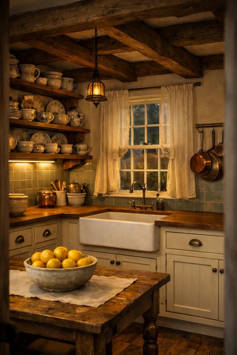 A cozy cottage kitchen with exposed wood beams, cream cabinets, open shelves of antique dishware, warm pendant lighting, a farmhouse sink under a window, and a rustic table with a linen runner and a bowl of lemons.