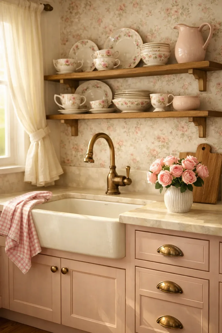 Blush pink cottage kitchen with floral wallpaper, open shelves of floral dishware, cream farmhouse sink, brass faucet, marble-look counter, and warm sunlight from a window.