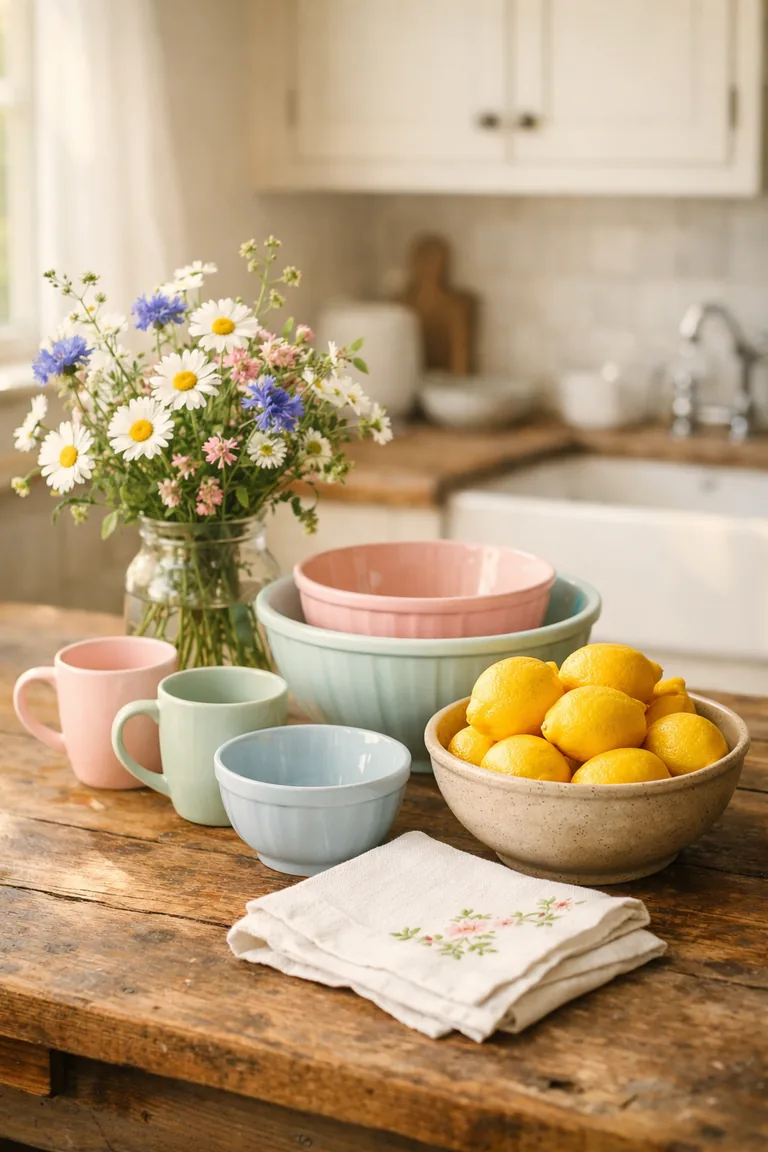 Pastel ceramic bowls and mugs on a wooden counter beside a vase of wildflowers, an embroidered white tea towel, and a bowl of bright yellow lemons, with cream cabinets blurred in the background.