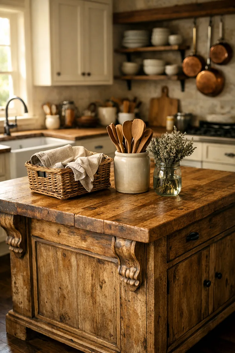 A weathered wood kitchen island with a butcher-block top and vintage-style corbels, set in a cream cottage kitchen with open shelves, copper pots, and simple countertop styling.
