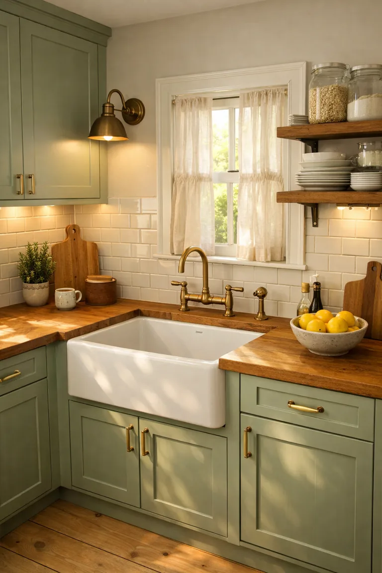 Sage green shaker cabinets with wood countertops, brass hardware and faucet, a white farmhouse sink under a window with sheer linen curtains, and open shelves with white dishes and glass jars.