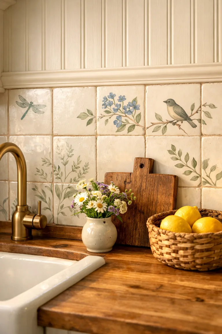 Close-up of a kitchen backsplash with hand-painted botanical tiles bordered by warm white beadboard, above a butcher-block countertop with wildflowers, a wooden cutting board, and a basket of lemons, with part of a brass faucet visible.