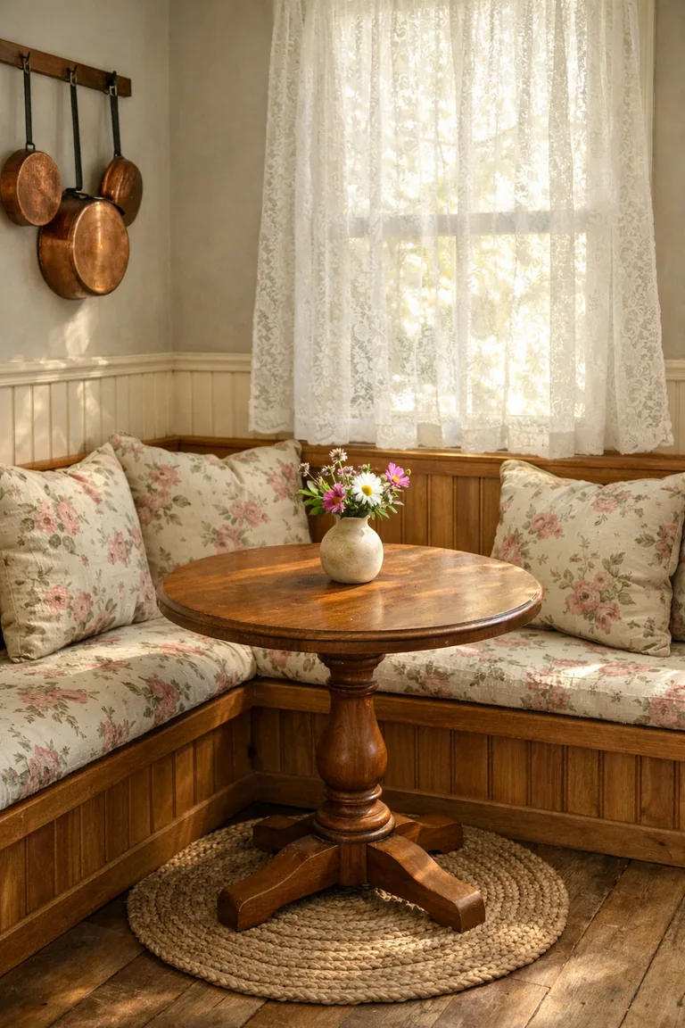 A cozy kitchen corner nook with a wooden bench and floral cushions, a small round wooden table with a vase of flowers, and a window with a white lace curtain in soft sunlight.