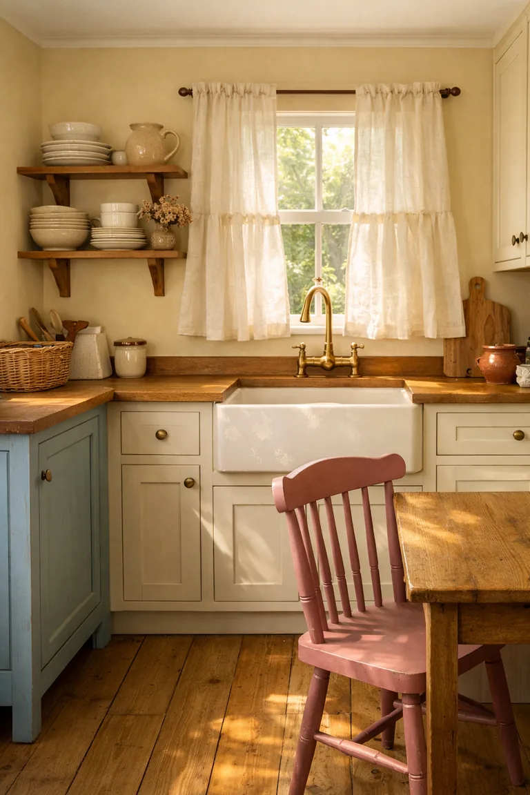 Cozy cottage kitchen with buttercream walls, a muted blue cabinet, and a dusty-rose chair, featuring cream cabinets, oak countertops, open shelving, and morning sunlight by a window with linen café curtains.