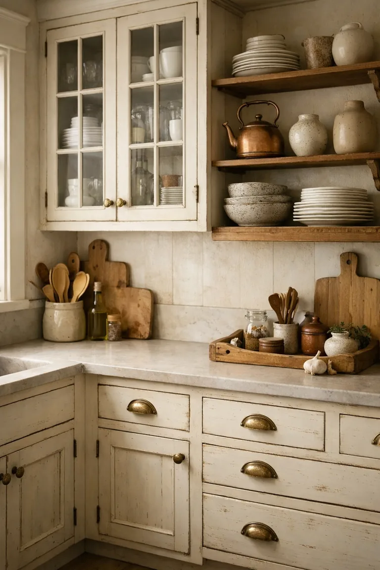 Cream distressed cottage cabinets with glass-front uppers and open shelving displaying antique plates, rustic ceramics, and a small copper kettle in warm window light.