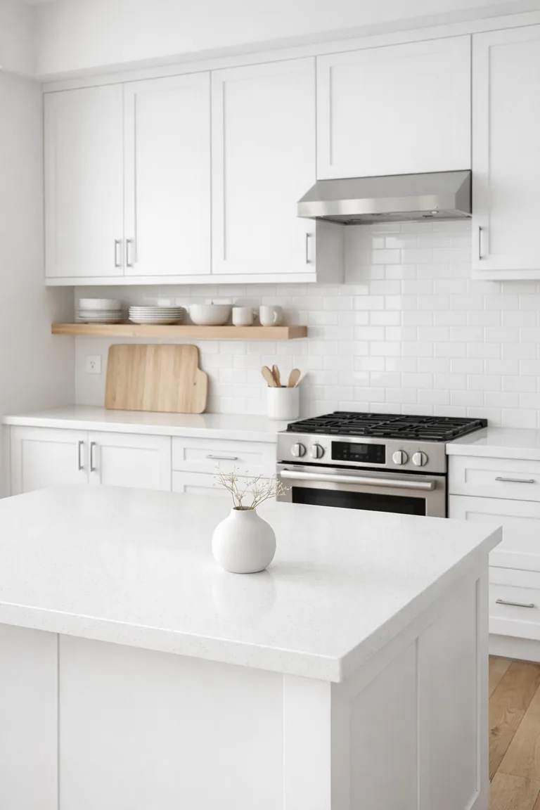 Photorealistic all-white kitchen with white shaker cabinets, white quartz counters, a white subway-tile backsplash, a light oak floating shelf with dishes, a wood cutting board, and a small white vase on a bright island.
