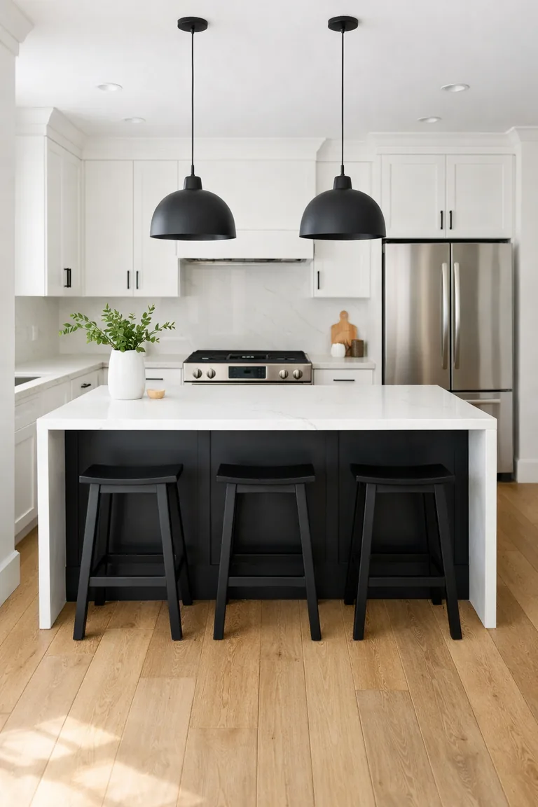 A bright white kitchen with a matte black island topped by a white waterfall-edge countertop, three black bar stools, and two black pendant lights above.