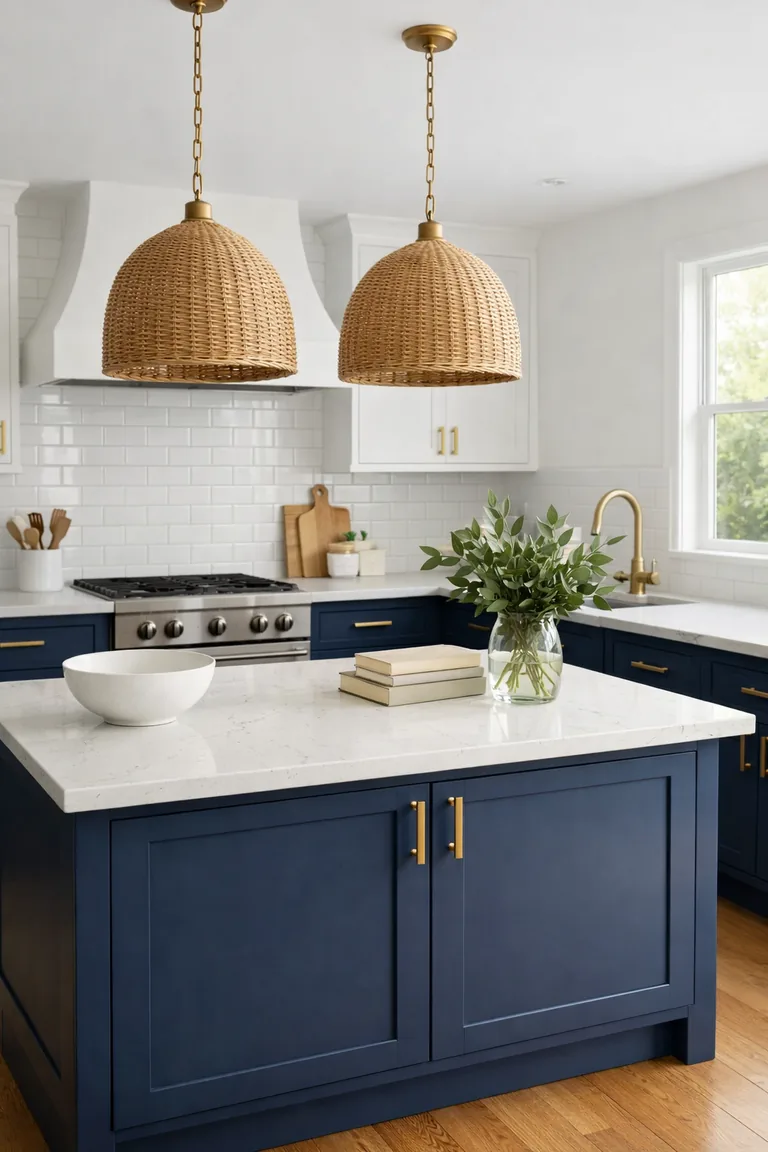 Bright white kitchen with navy blue base cabinets and a navy island, white quartz countertops, white subway tile backsplash, brass hardware, oak floors, and rattan pendant lights lit by daylight from a side window.