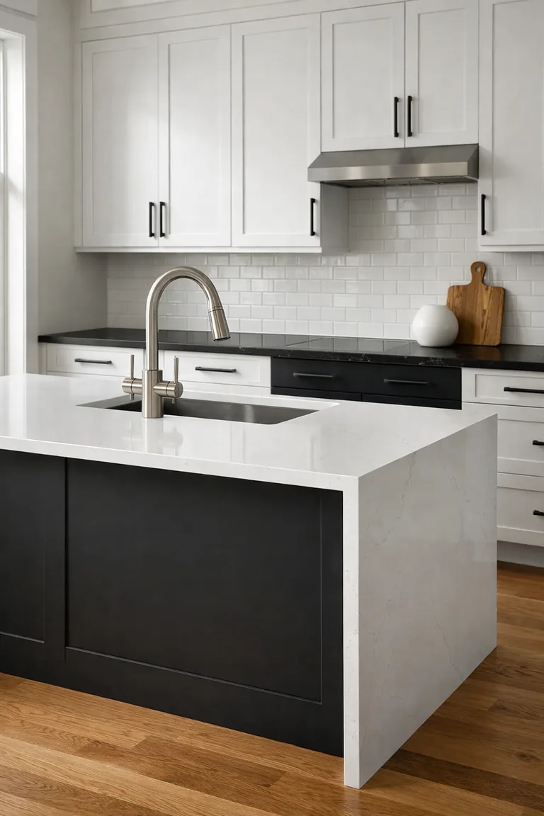 A bright kitchen with white shaker cabinets, black countertops, matte black hardware, and a matte black island with a white waterfall countertop, lit by daylight from a left-side window.