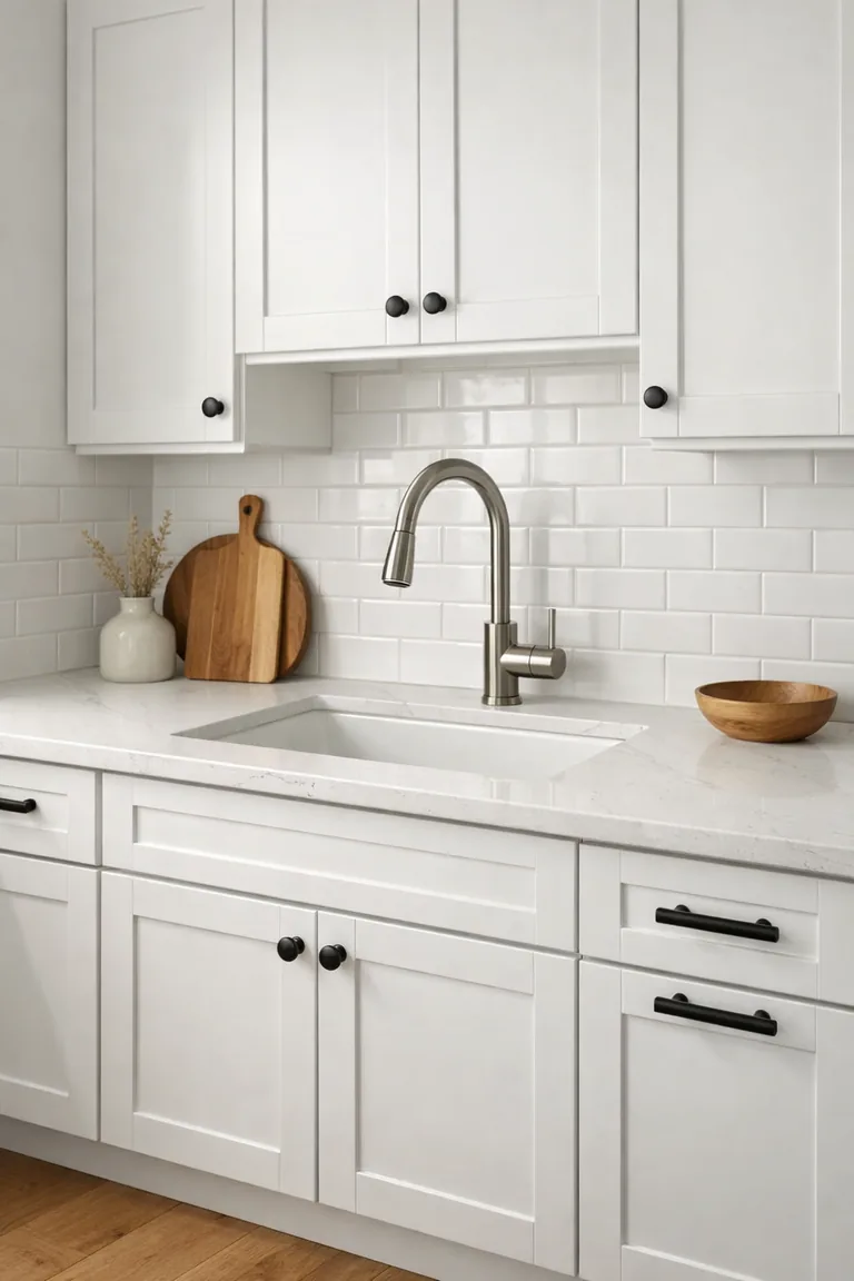 White shaker cabinets with matte black hardware, a white quartz countertop, a white subway tile backsplash, a stainless-steel faucet, and light oak flooring in a bright kitchen scene.