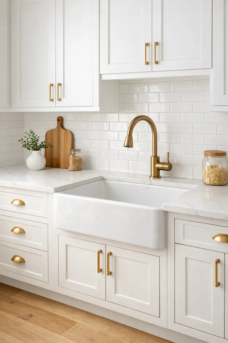 White shaker cabinets with brushed brass pulls and a matching brass gooseneck faucet over a white farmhouse sink, set against a white subway tile backsplash and marble-look countertop.