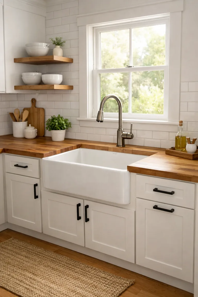 White shaker cabinets with black pulls and warm butcher block countertops, a white subway tile backsplash, open wood shelves, and an apron-front sink under a sunlit window.