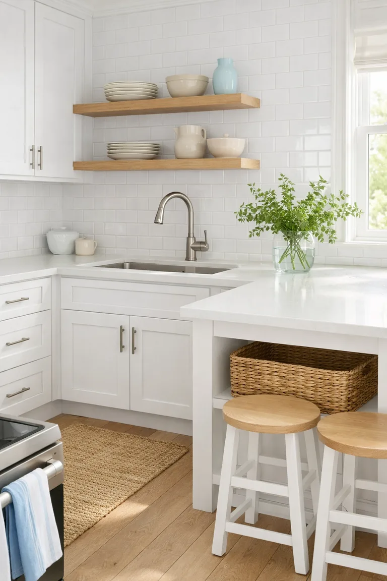 Bright white kitchen with shaker cabinets, quartz counters, subway tile backsplash, light oak shelves, wicker basket, jute runner, and soft blue accents lit by sunlight.