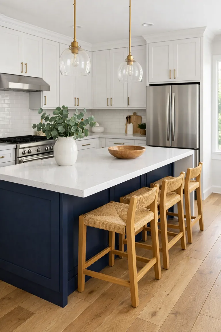 Bright white kitchen with a deep navy island, white quartz waterfall countertop, three light oak stools, brass hardware, subway tile backsplash, stainless appliances, and oak flooring in soft daylight.