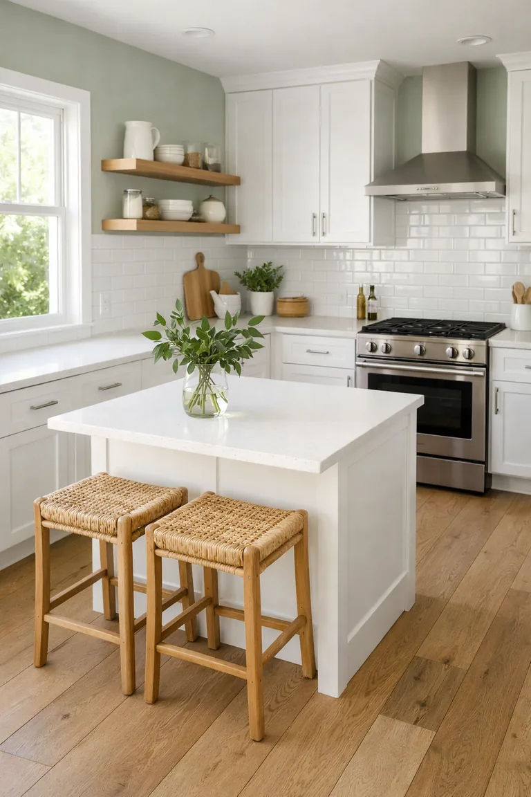 White shaker cabinets with white countertops and subway tile backsplash set against dusty sage green walls, with a small white island, rattan stools, and light oak flooring in natural daylight.