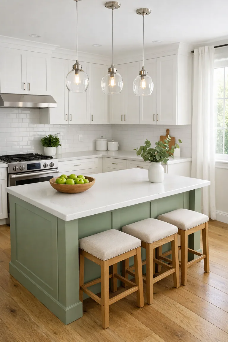 A bright white kitchen with a sage green island, white quartz counters, subway tile backsplash, glass pendant lights, light oak floors, and small green accessories like herbs and apples.