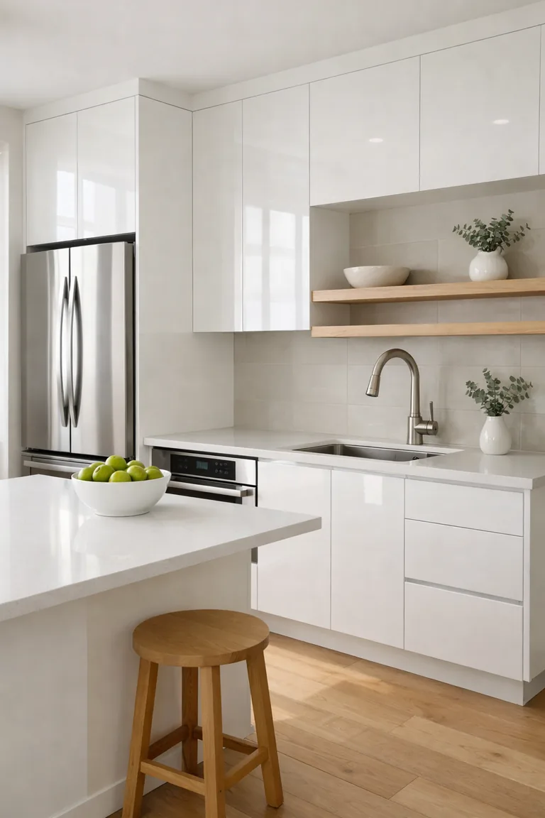 Modern kitchen with glossy white cabinets, white quartz counters, light oak accents, stainless steel appliances, and a pale gray tile backsplash in soft daylight.