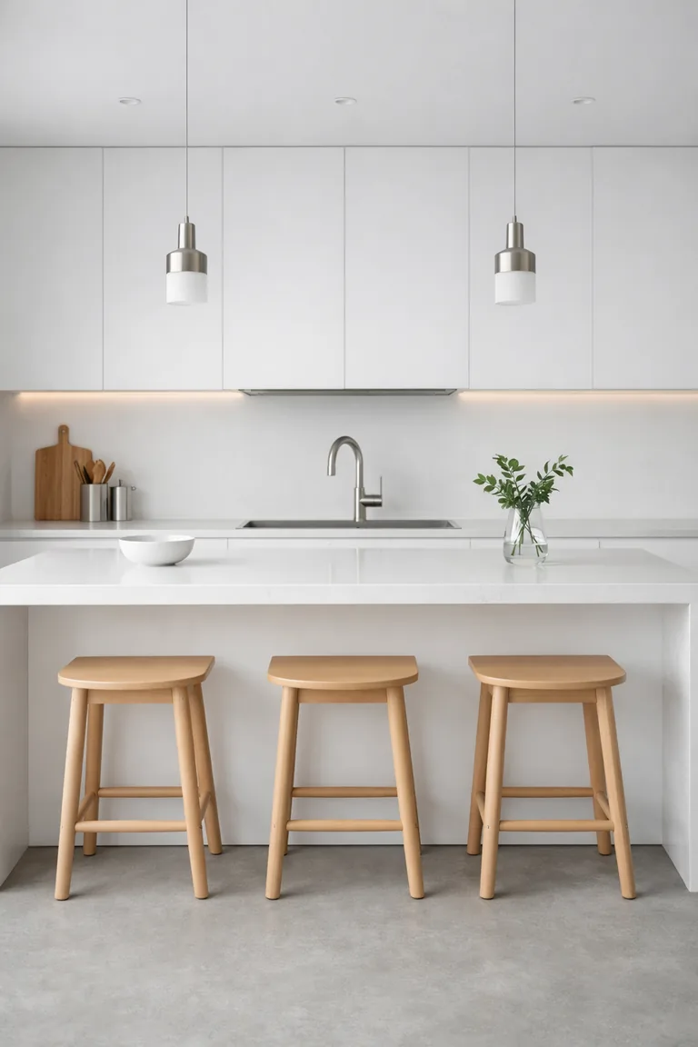A minimalist modern white kitchen with flat-panel cabinets, a white quartz waterfall island, pale oak stools, brushed stainless accents, and soft natural light.
