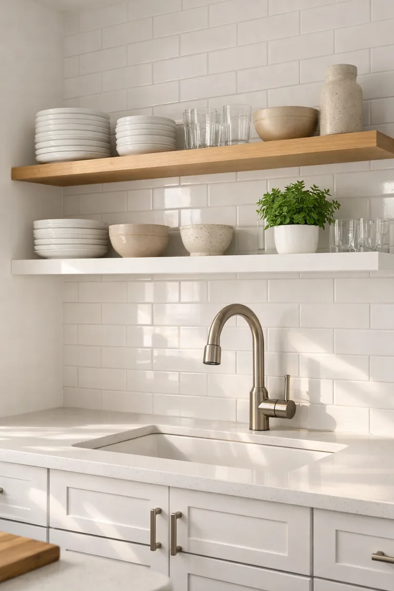 Bright white kitchen with open shelves displaying white dishes, glassware, neutral bowls, and a small potted herb above a white subway tile backsplash and quartz countertop.