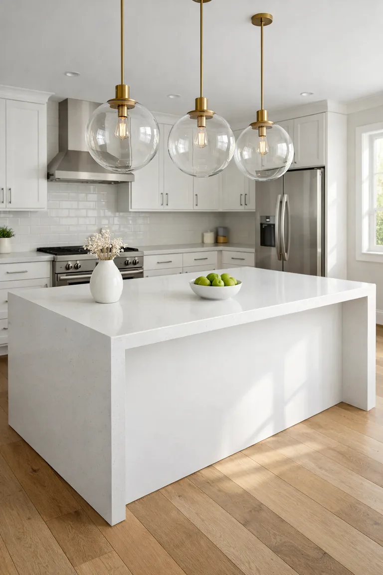 Bright white kitchen with a white quartz waterfall island and three oversized clear glass globe pendant lights with brushed brass hardware hanging above it.