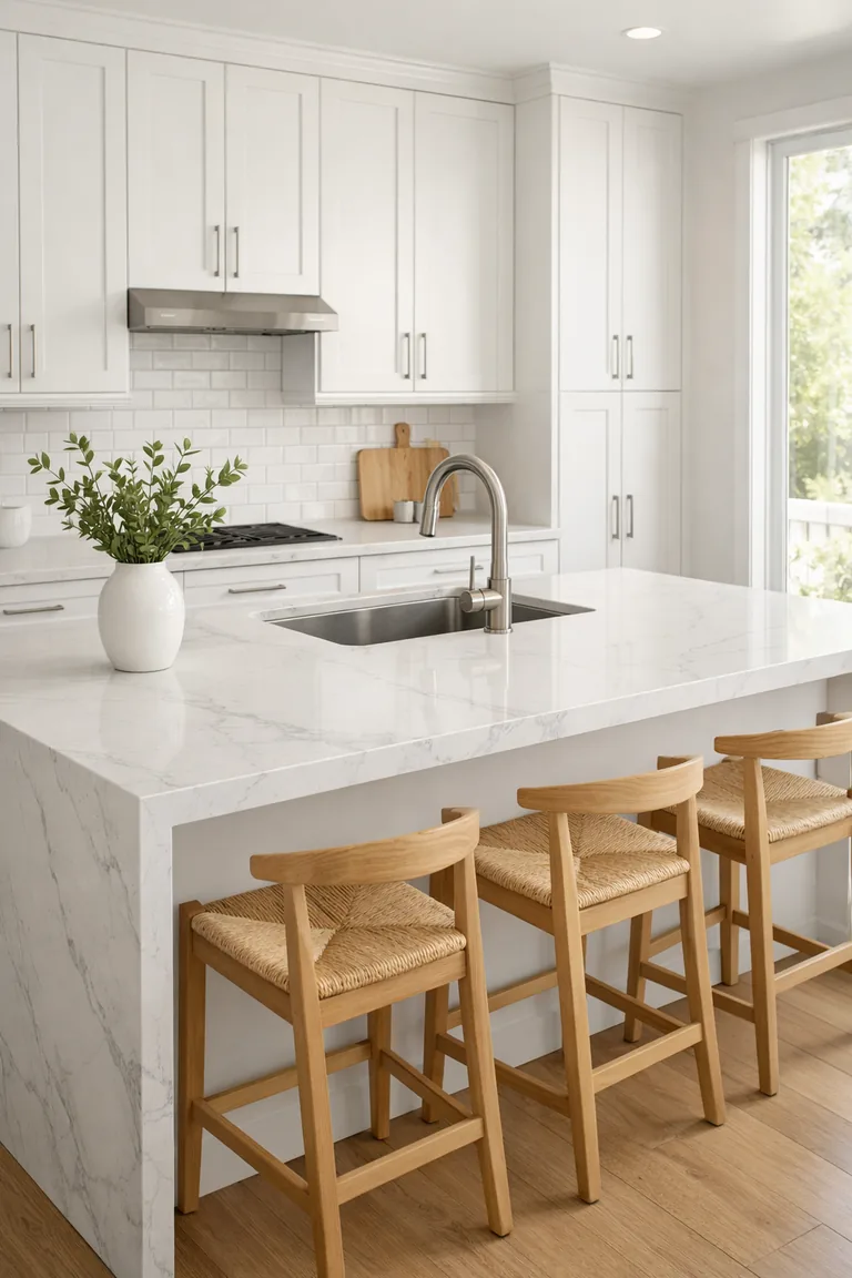 White kitchen with white quartz countertops, shaker cabinets, white subway tile backsplash, a waterfall island with light oak stools, and a brushed nickel faucet by the sink.