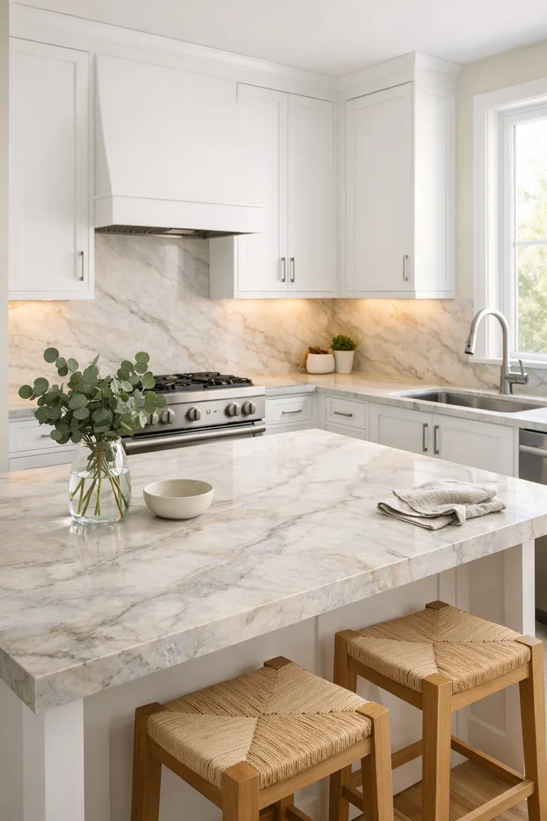 White kitchen with white shaker cabinets, a quartzite island and slab backsplash with subtle gray-beige veining, brushed nickel hardware, a stainless gooseneck faucet, and light oak stools in soft daylight.