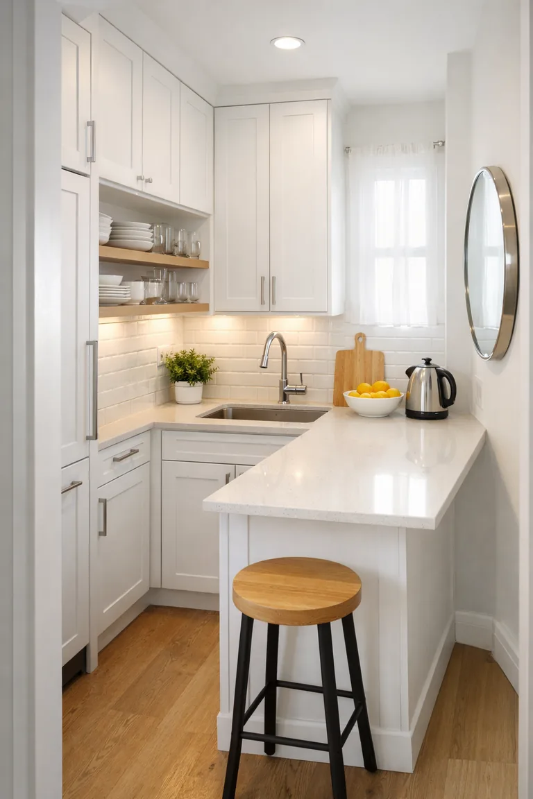 Compact white kitchen with ceiling-height Shaker cabinets, light quartz counters, glossy subway tile, a narrow peninsula with a wood stool, open shelves with white dishes, and warm under-cabinet lighting.