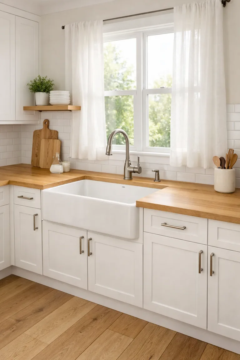 Bright white Shaker cabinets with light oak wood countertops, white subway tile backsplash, an apron-front sink under a window, and minimal decor on the counter.