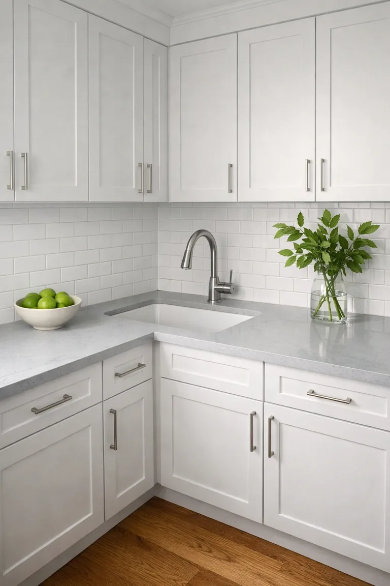 A bright white kitchen with white shaker cabinets, light gray quartz countertops, a white subway tile backsplash, and an undermount sink with a stainless faucet.