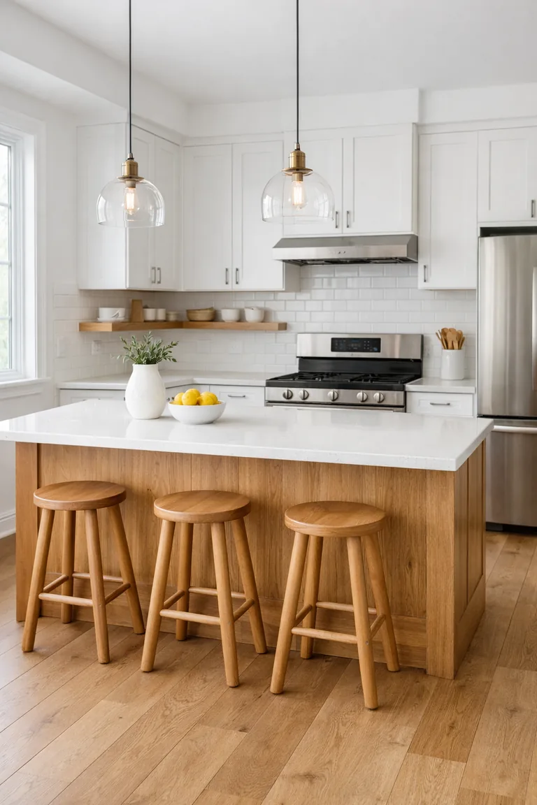 Bright white kitchen with a natural oak island, white quartz countertop, light oak flooring, floating wood shelves, and soft daylight from a window.