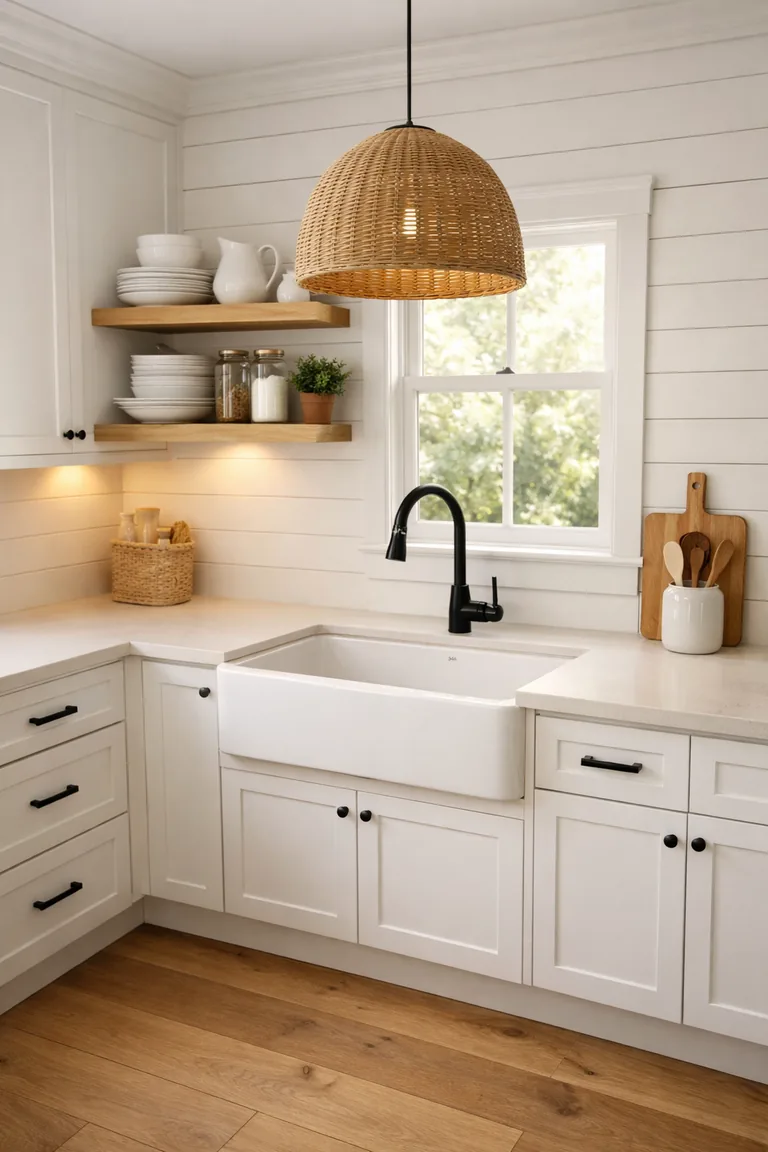 White farmhouse kitchen with shiplap walls, white shaker cabinets, open wood shelves, an apron-front sink under a window, quartz countertops, light oak floors, and a rattan pendant light.