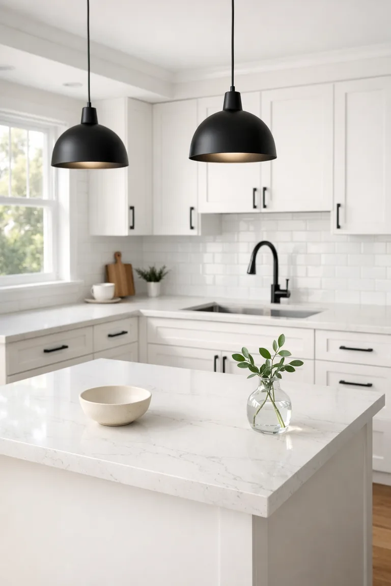 A bright white kitchen with white shaker cabinets, white quartz counters, a matte black faucet, matte black cabinet pulls, and two black pendant lights above a small island.