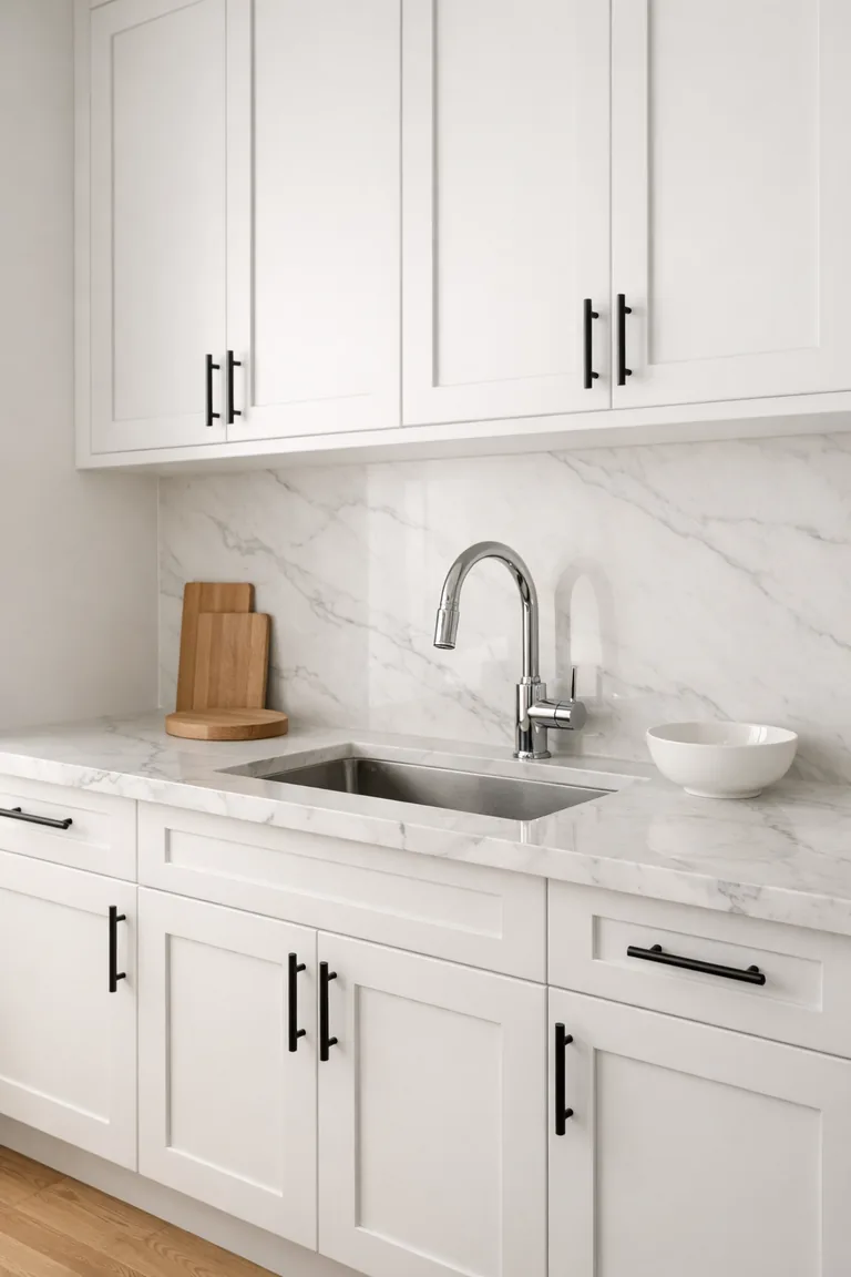 Bright white kitchen with white marble countertops and a full-height marble backsplash with subtle gray veining, white shaker cabinets, and black hardware.