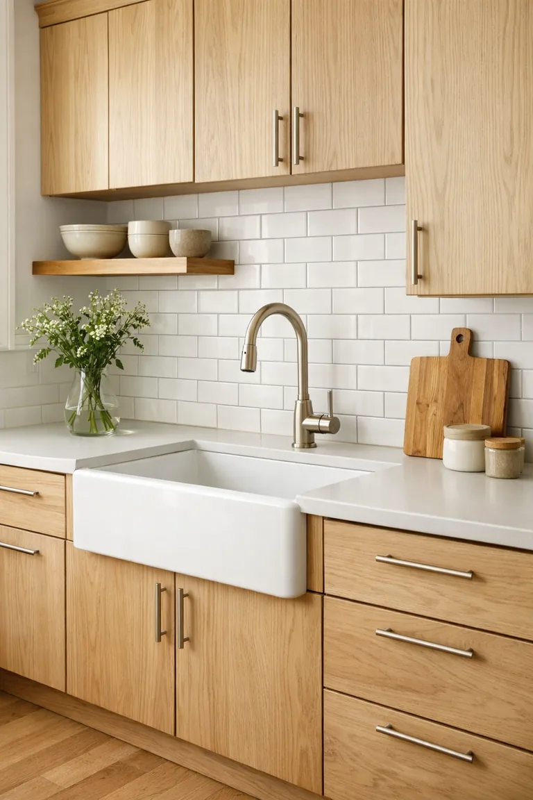 White oak flat-panel kitchen cabinets with brushed-nickel pulls, white quartz countertops, a white subway tile backsplash, and a white farmhouse sink under soft natural light.