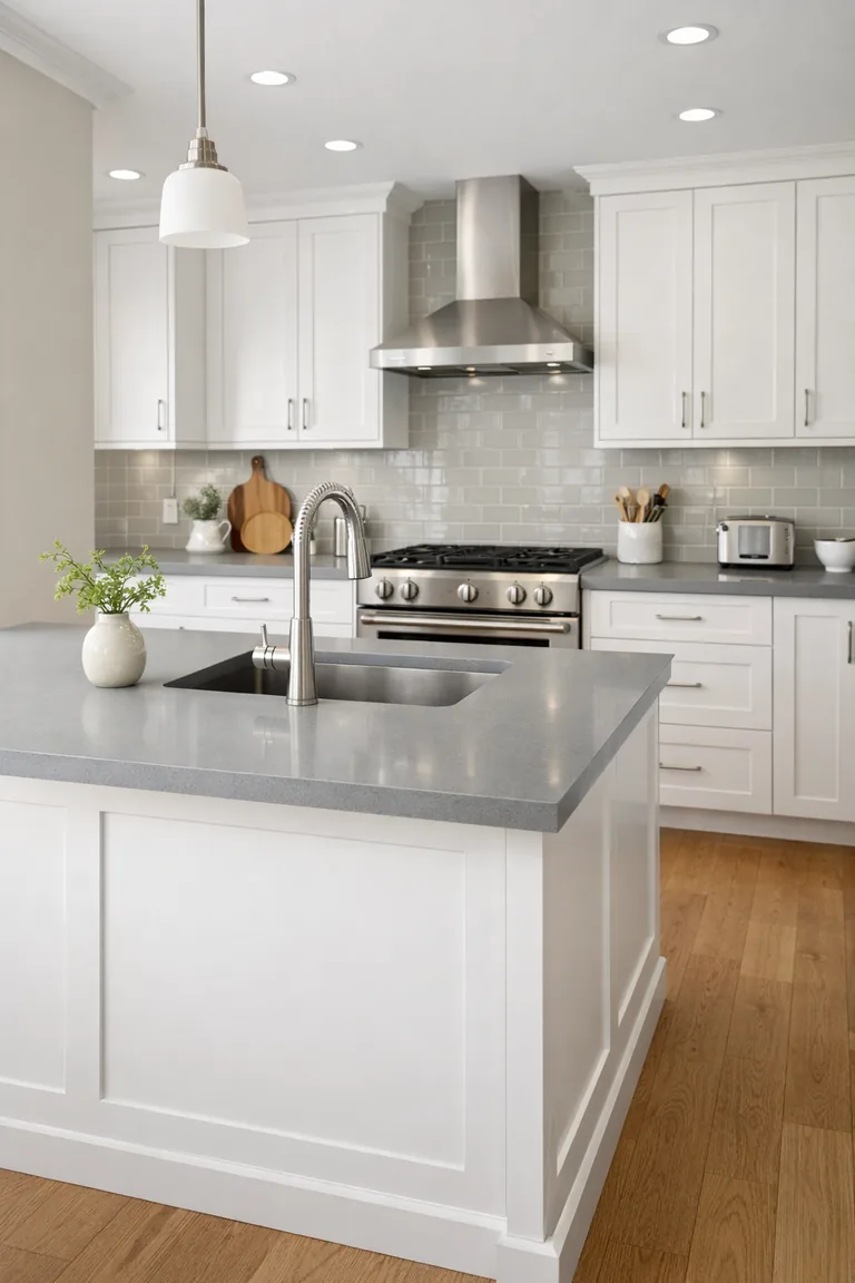 White shaker cabinets with gray quartz countertops, a light gray subway tile backsplash, and a white island in a bright kitchen with oak flooring.