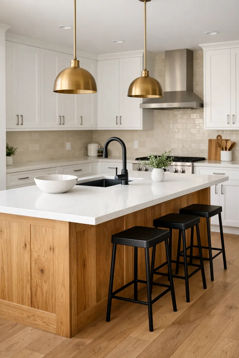 Bright white kitchen with a natural wood island topped in white quartz, black bar stools, brass pendant lights, and light wood flooring.