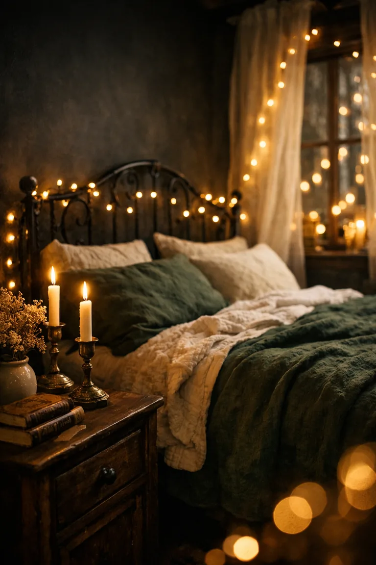 Dark cottage-style bedroom with a wrought-iron bed, warm twinkle lights on the headboard and by the window, and a wooden nightstand holding brass candle holders with lit taper candles.